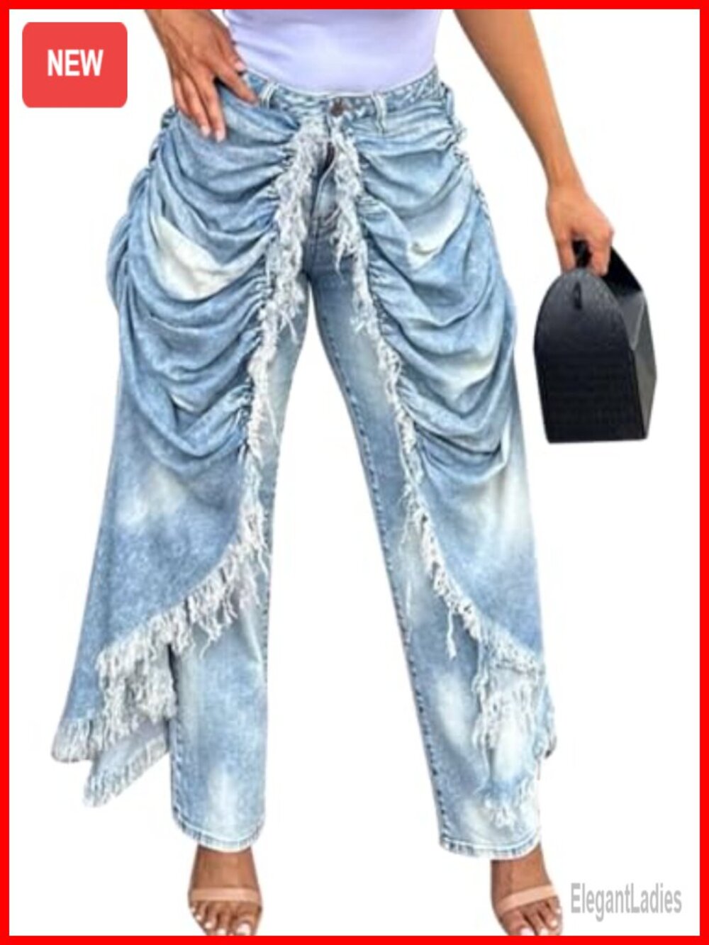 Women's Pleated Distressed Straight Leg Jeans Patchwork High Rise